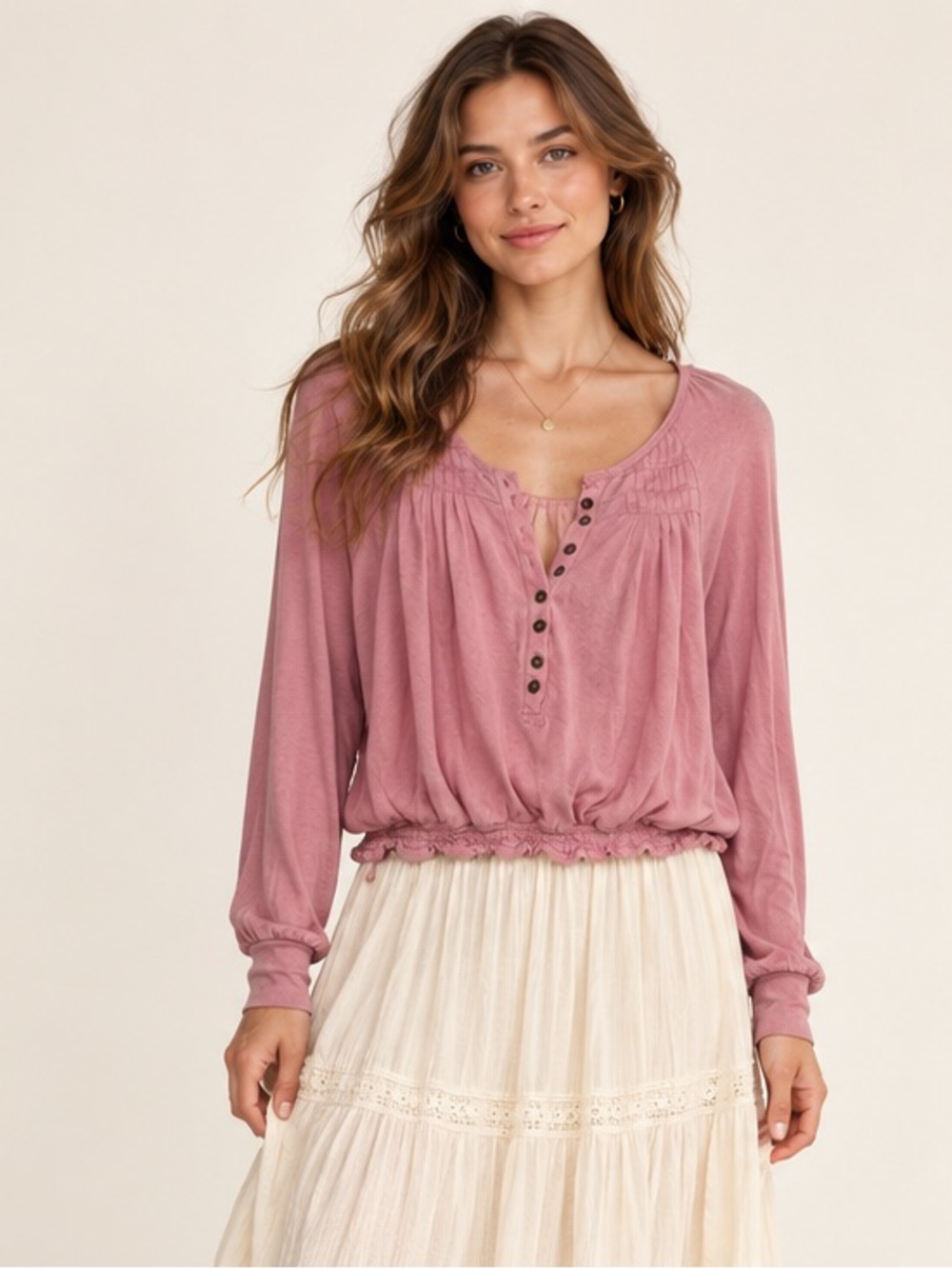 Free People Dusty Rose Smocked Back Long-Sleeve Top